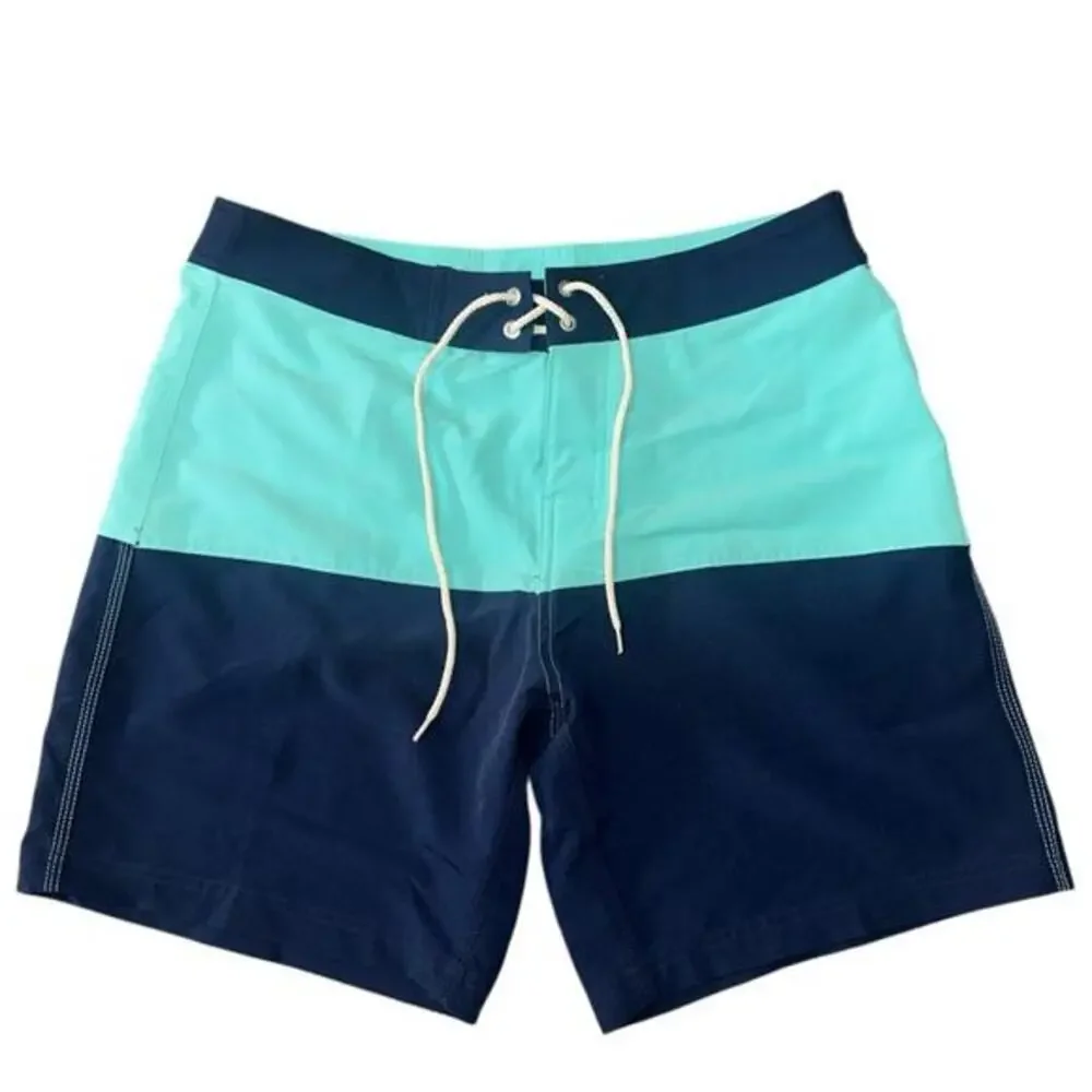Greenlines Men’s Size 34 Navy Turquoise Blue Striped Board Shorts Swim Trunks